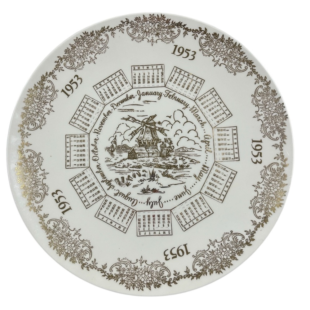 Vintage Edwin M Knowles China Co 1953 Calendar Plate with Windmill Design